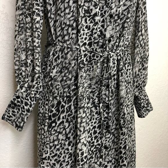 WHBM gray and black leopard animal print sheer button front midi dress size 8 - Picture 3 of 15